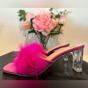 Women Hot Pink Fluffy Decor Slide Sandals